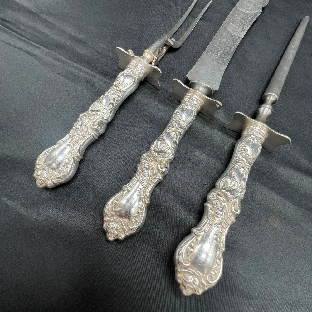 VTG 1835 R Wallace Silver Plate 3 Pcs Carving Set Knife Fork Steel Ornate Floral